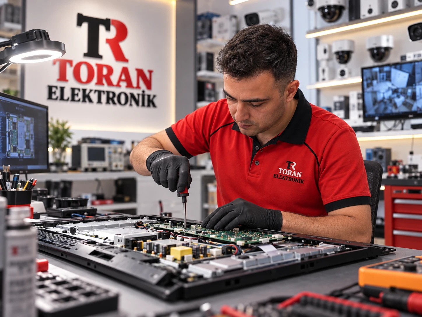 Teknisyen servis masasında televizyon anakartını onarıyor